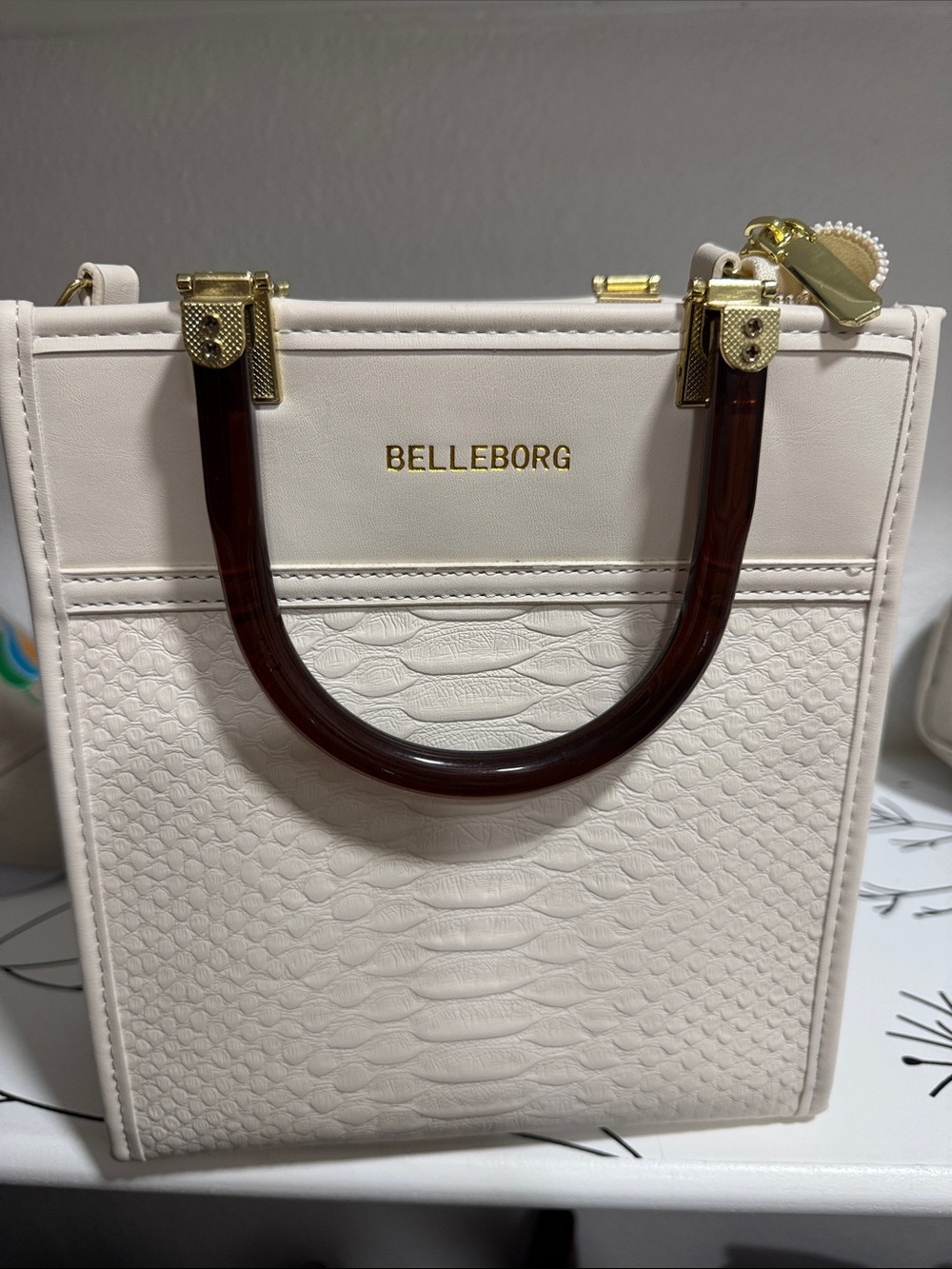 SHEIN Cream Faux-Snake Satchel with Brown Top Handles